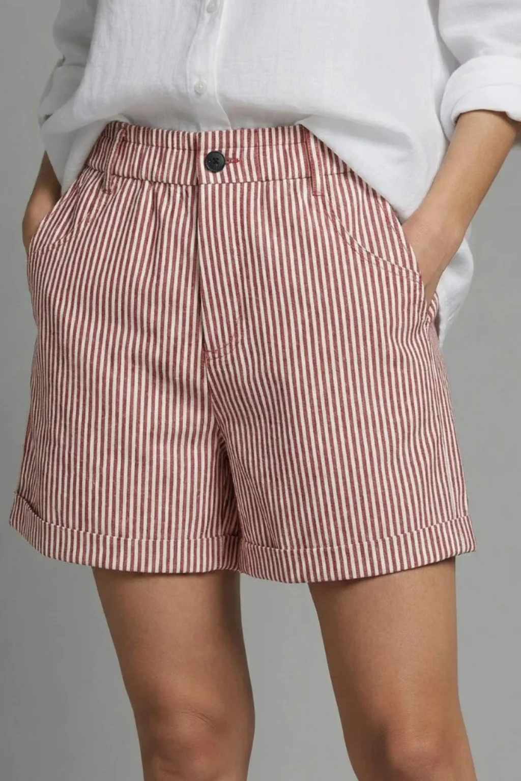 Ada | Women Striped High Waist Tailored Shorts with Button Detail - Image 4