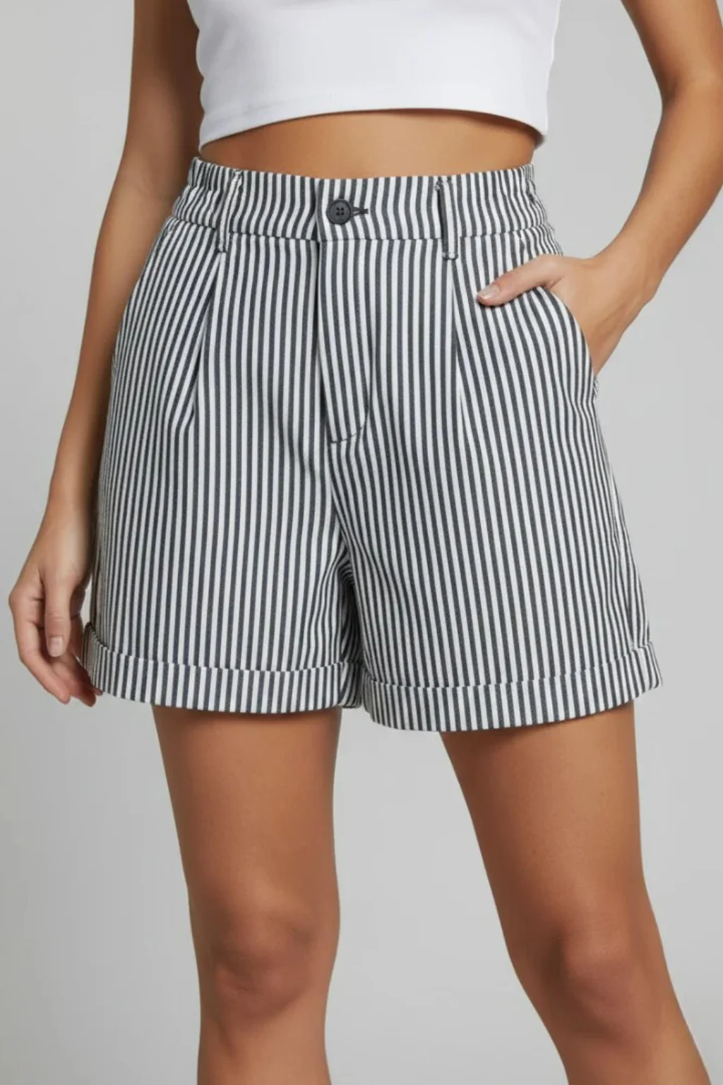 Ada | Women Striped High Waist Tailored Shorts with Button Detail - Image 7