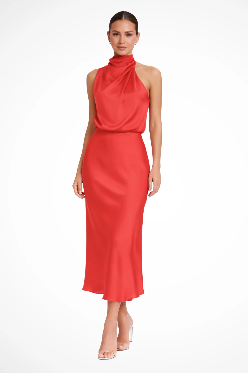 Amelina | Women Halter Neck Midi Dress Satin Wedding Guest Dress - Image 10