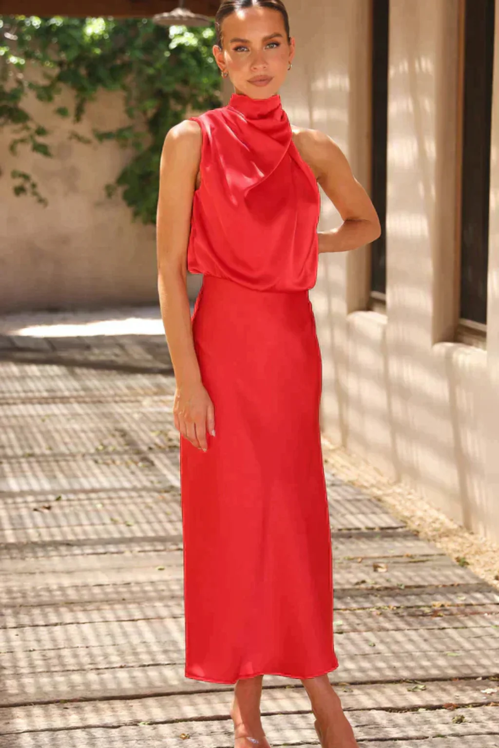 Amelina | Women Halter Neck Midi Dress Satin Wedding Guest Dress - Image 11