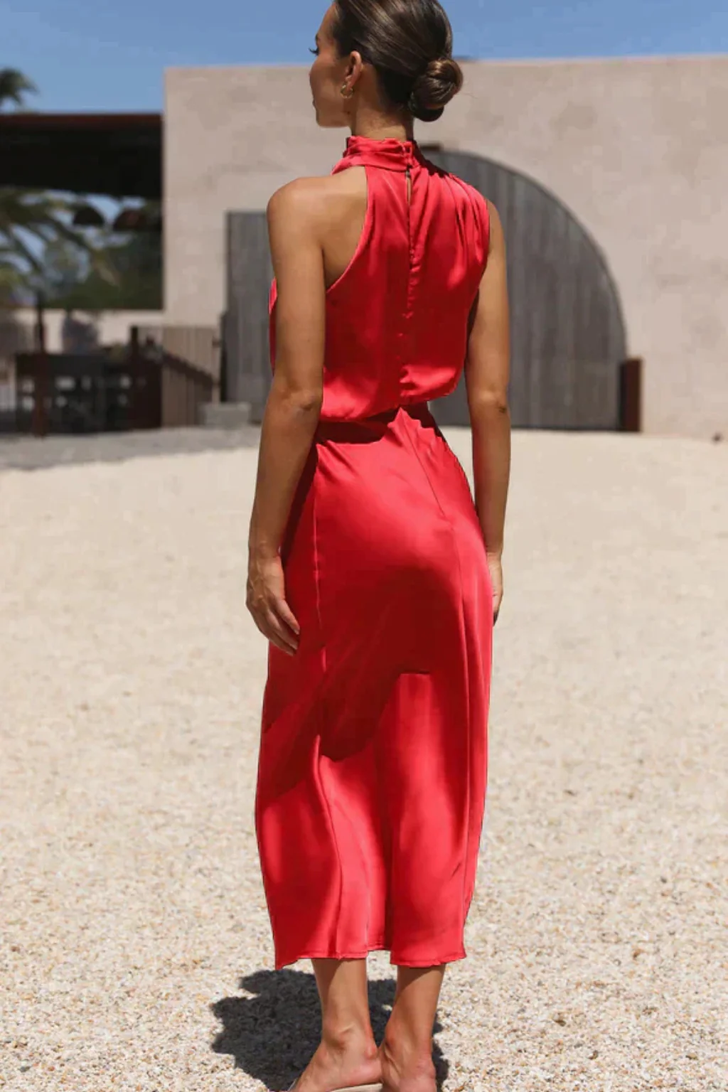 Amelina | Women Halter Neck Midi Dress Satin Wedding Guest Dress - Image 12