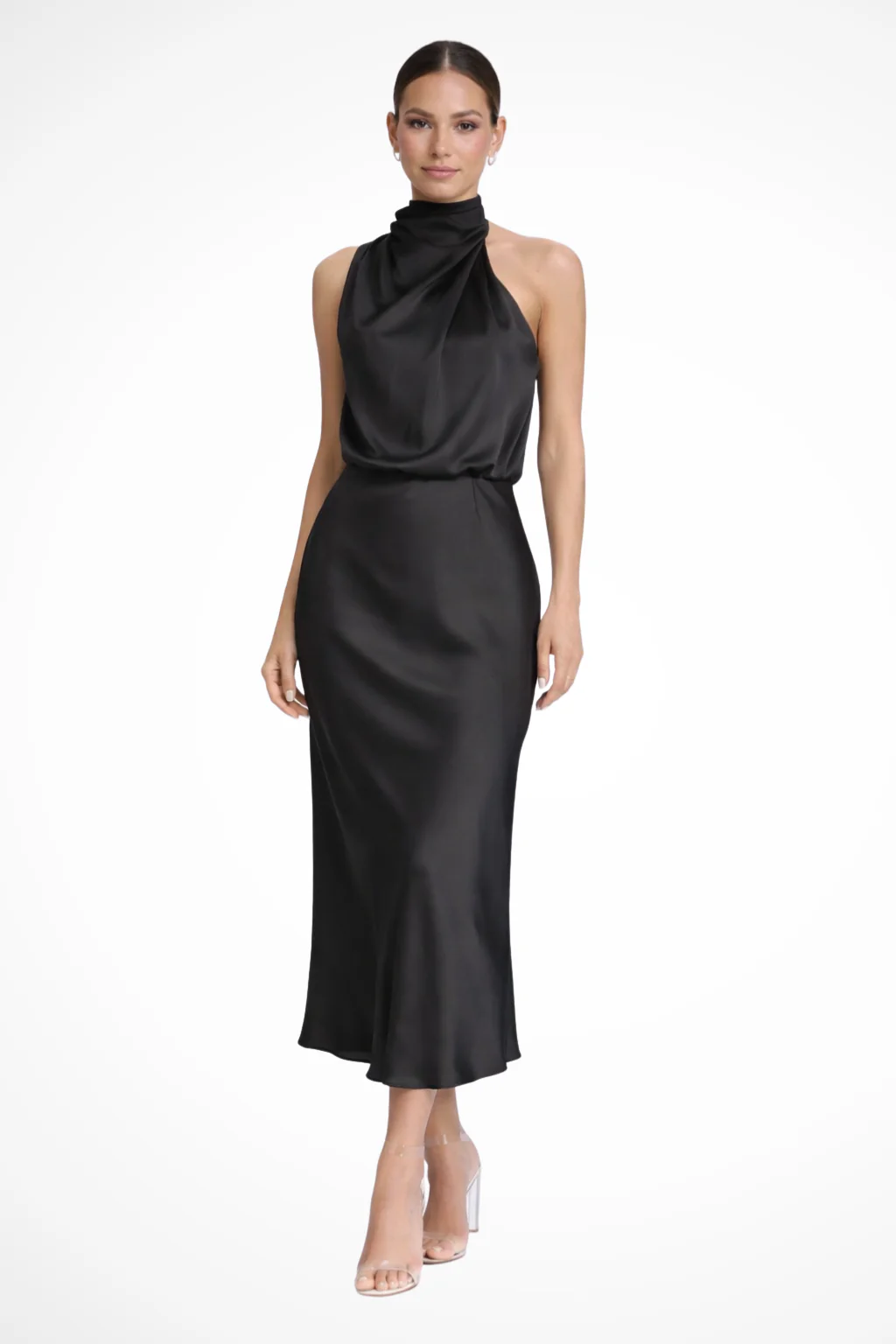 Amelina | Women Halter Neck Midi Dress Satin Wedding Guest Dress - Image 13