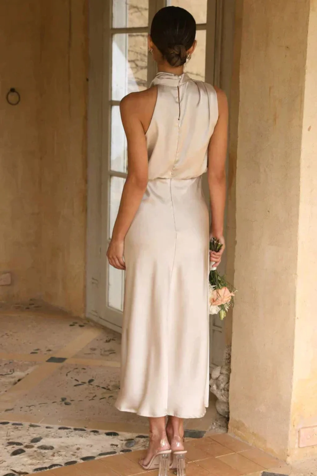 Amelina | Women Halter Neck Midi Dress Satin Wedding Guest Dress - Image 3