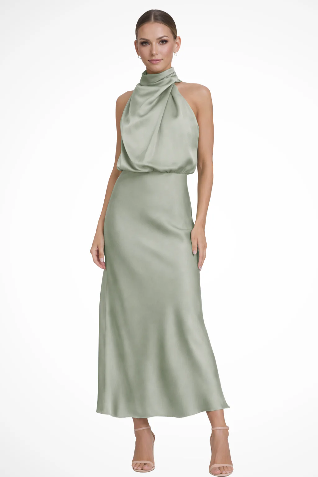 Amelina | Women Halter Neck Midi Dress Satin Wedding Guest Dress - Image 4