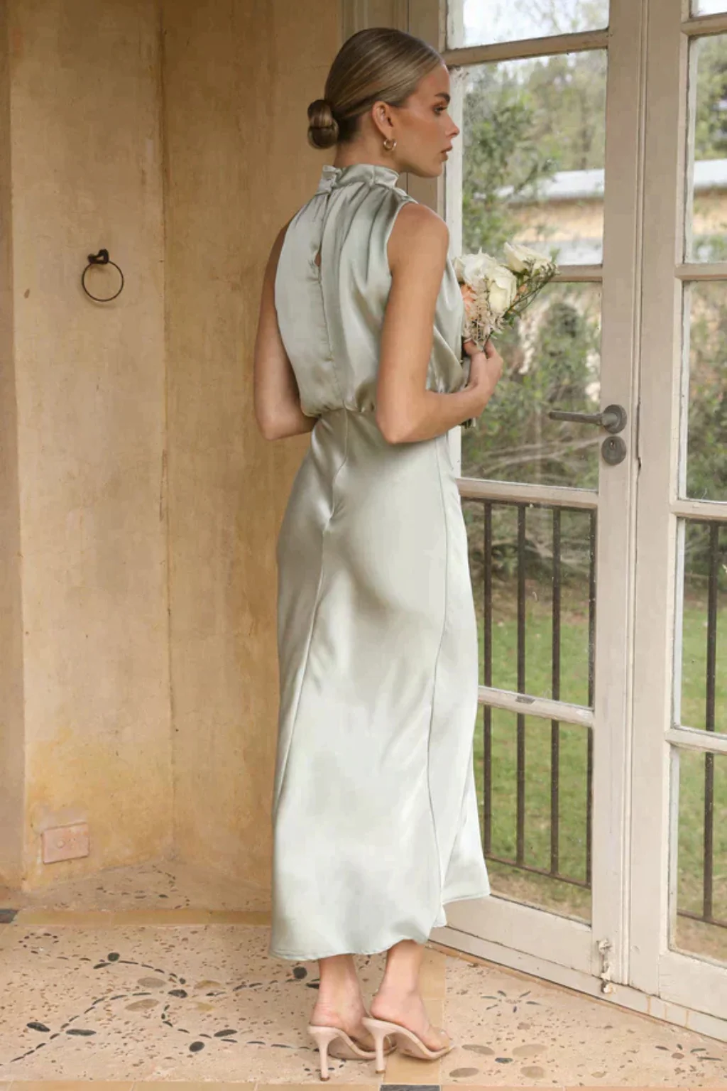 Amelina | Women Halter Neck Midi Dress Satin Wedding Guest Dress - Image 6