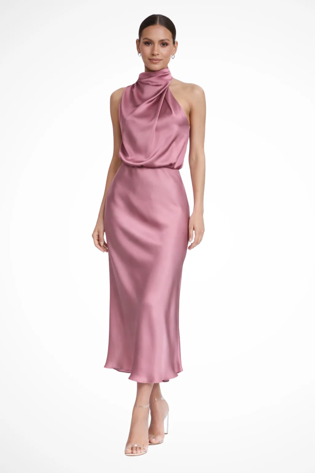 Amelina | Women Halter Neck Midi Dress Satin Wedding Guest Dress - Image 7