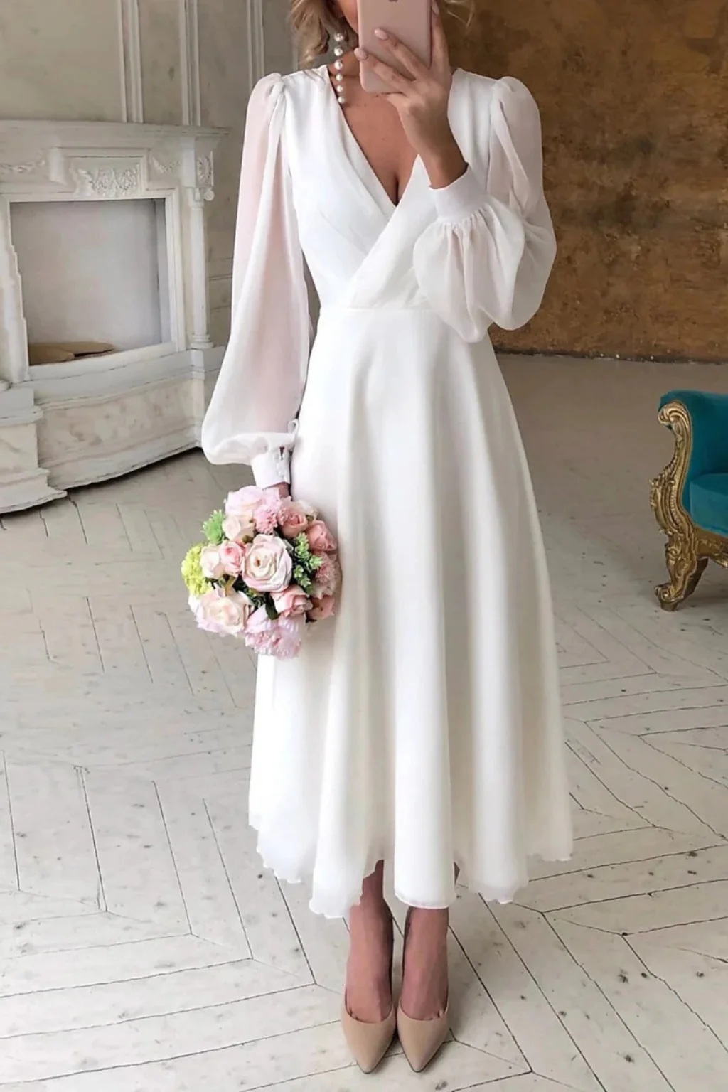 Arabella | Women V Neck Puff Sleeve Wedding Guest Midi Dress - Image 2
