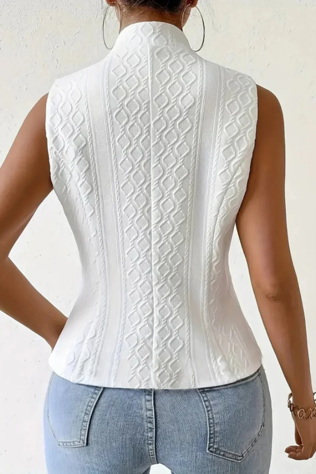 Araminta | Women Sleeveless V Neck Textured Button Front White Summer Waistcoat - Image 5