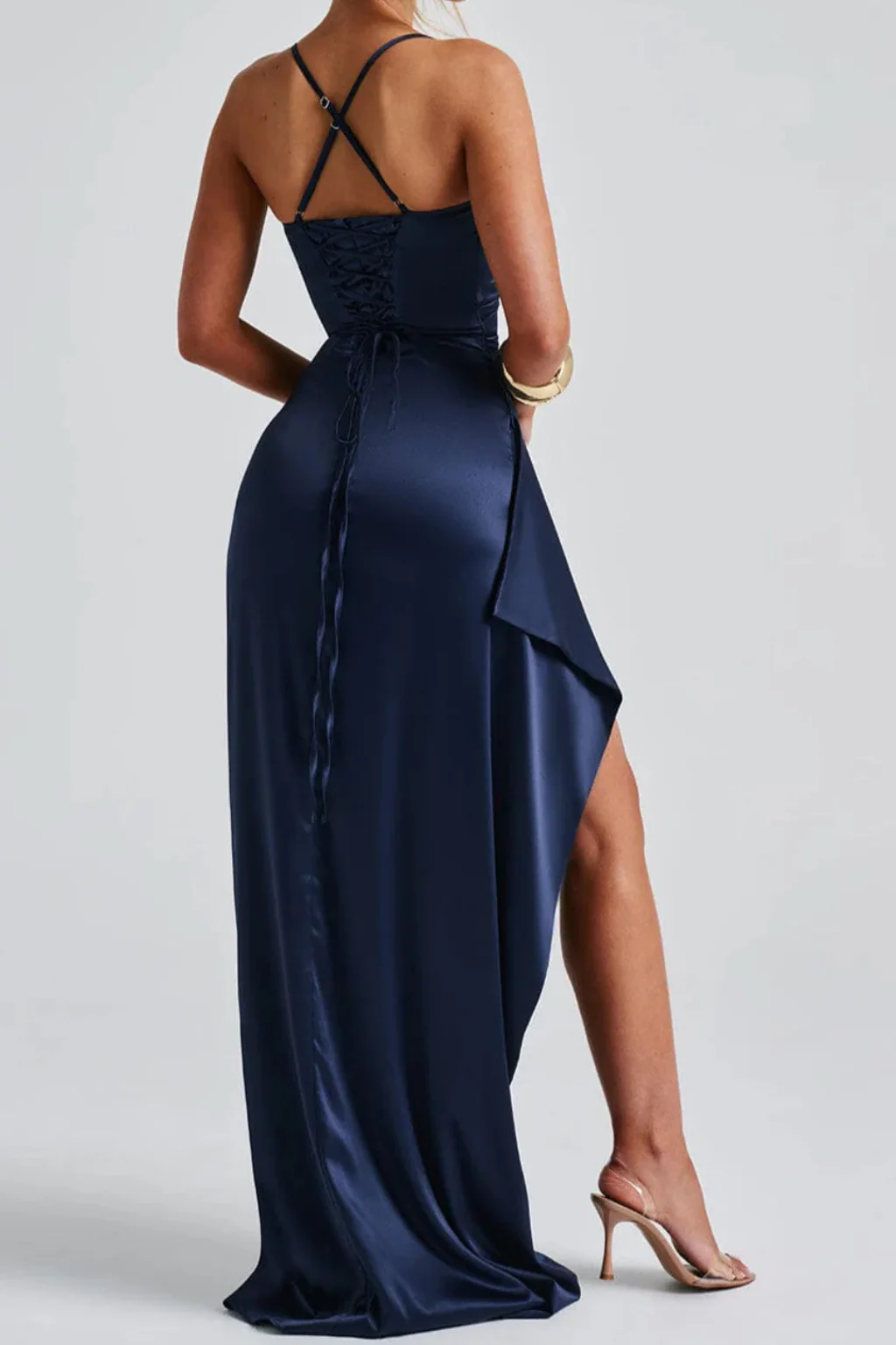 Avelisse | Women Spaghetti Strap Ruched Maxi High Slit Wedding Guest Dress - Image 3