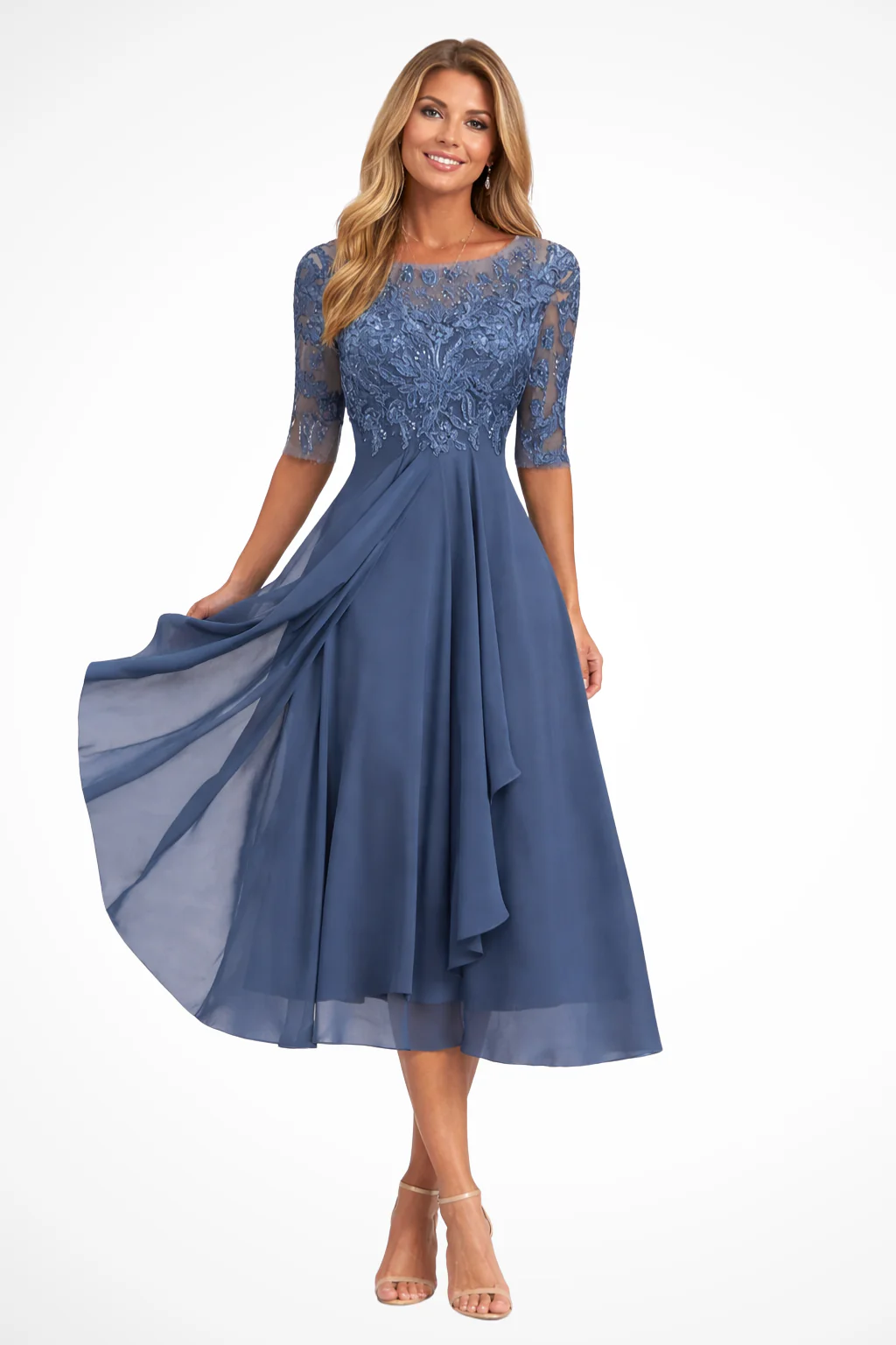Beatrice | Women Bodice Half Sleeve Chiffon Midi Wedding Guest Dress