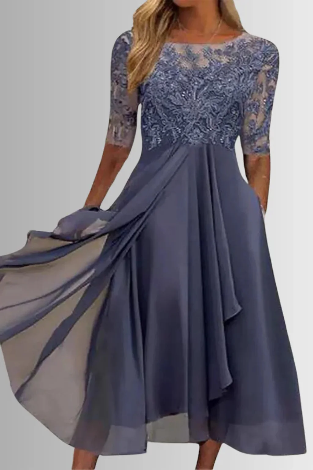 Beatrice | Women Bodice Half Sleeve Chiffon Midi Wedding Guest Dress - Image 11