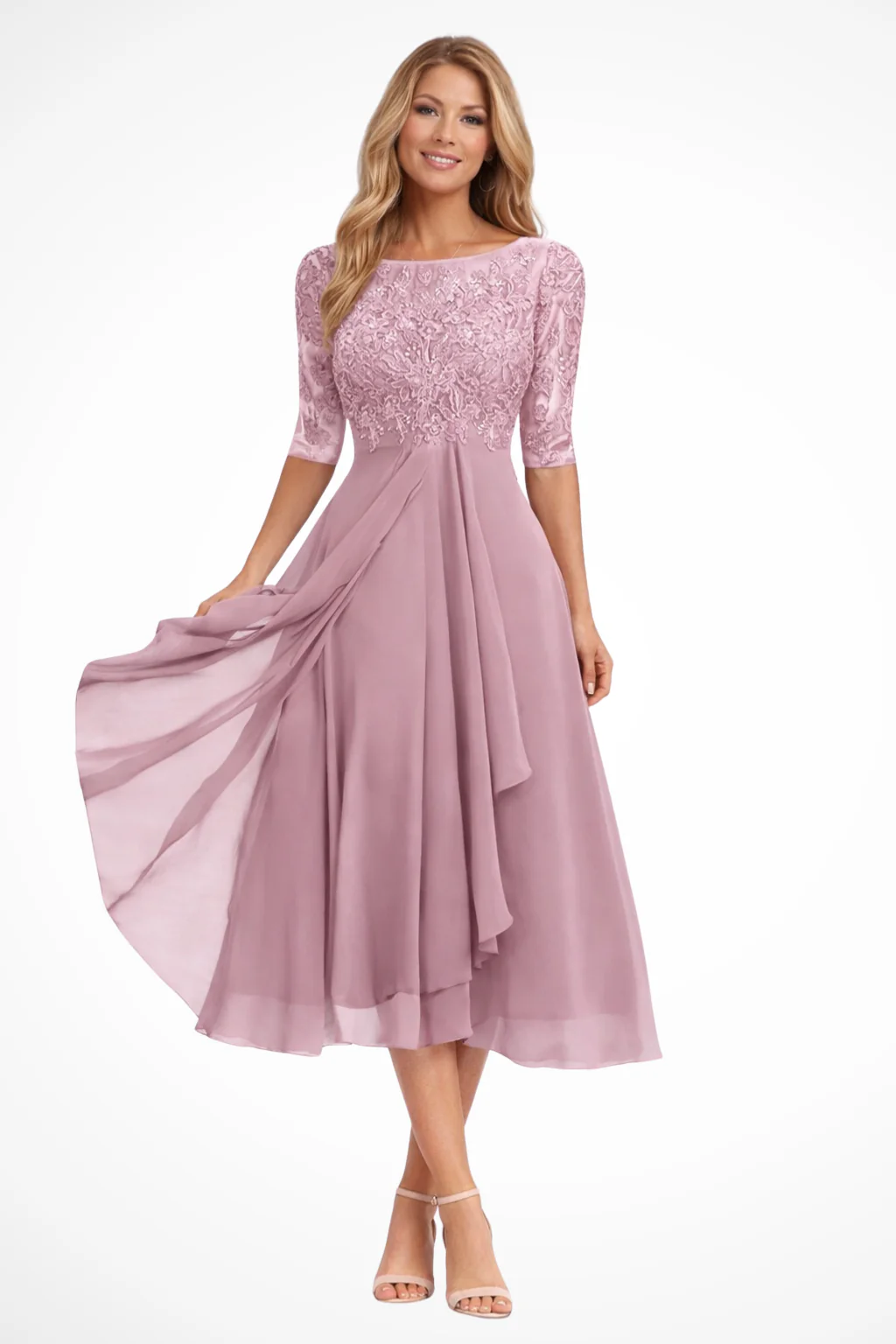 Beatrice | Women Bodice Half Sleeve Chiffon Midi Wedding Guest Dress - Image 3