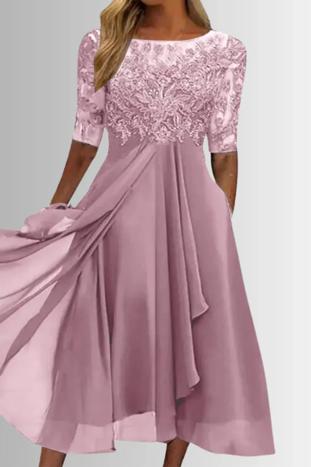 Beatrice | Women Bodice Half Sleeve Chiffon Midi Wedding Guest Dress - Image 4