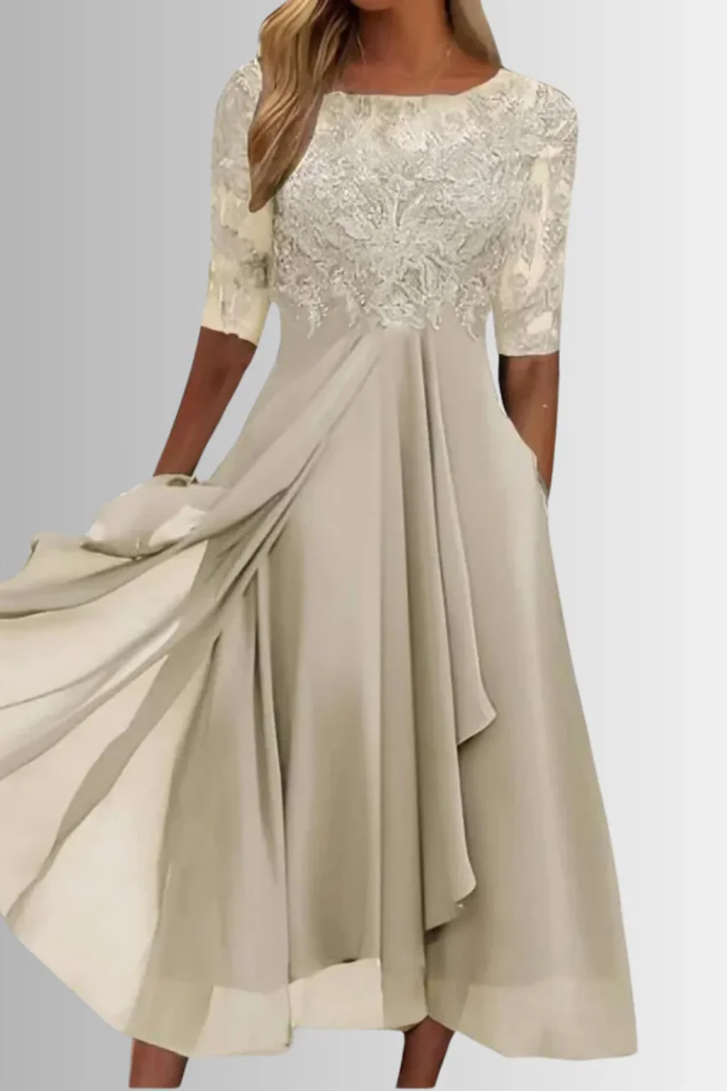 Beatrice | Women Bodice Half Sleeve Chiffon Midi Wedding Guest Dress - Image 6