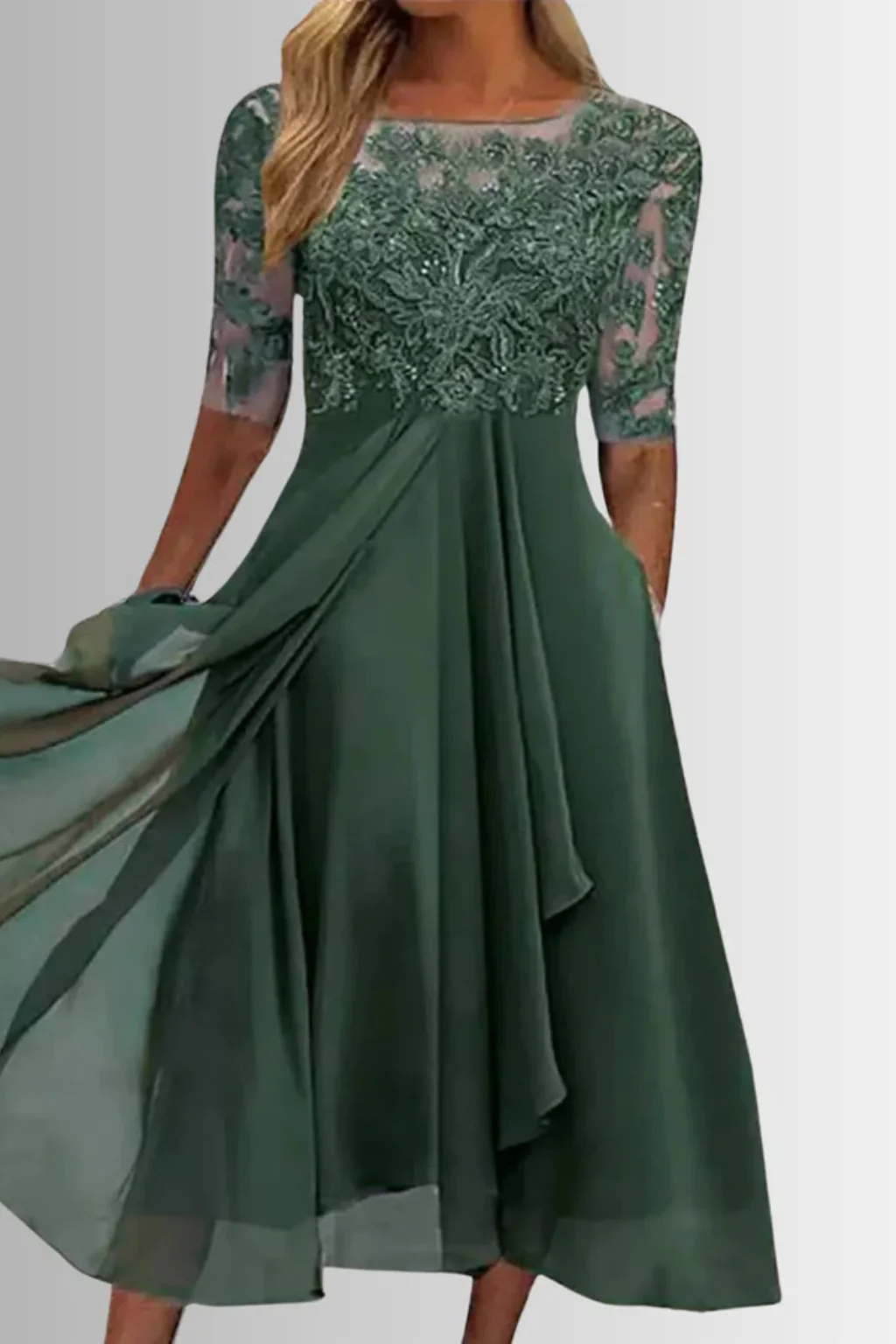 Beatrice | Women Bodice Half Sleeve Chiffon Midi Wedding Guest Dress - Image 8