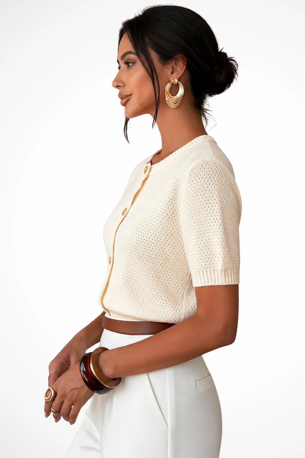 Beatrice | Women Short Sleeve Round Neck Gold Button Cropped Summer Cardigan - Image 3