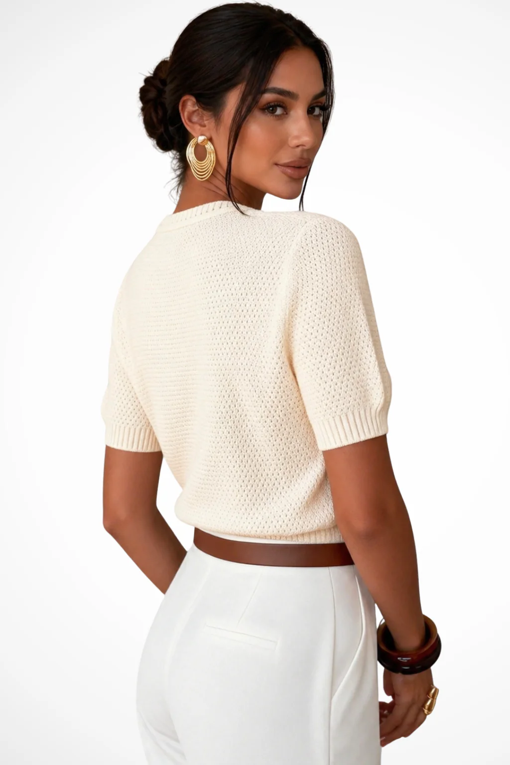 Beatrice | Women Short Sleeve Round Neck Gold Button Cropped Summer Cardigan - Image 4