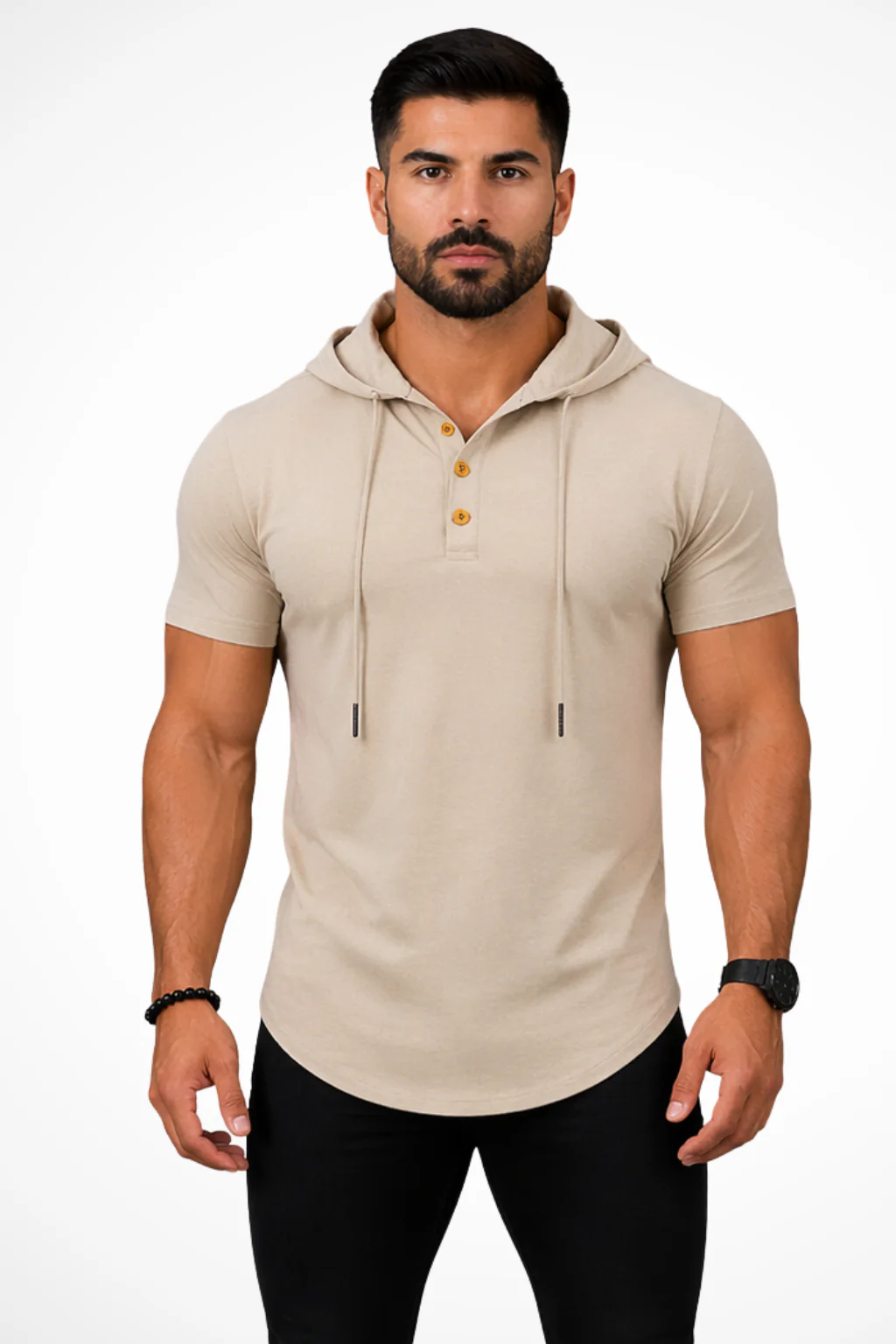 Beckett | Men Short Sleeve Button Neck Hooded Muscle Fit T Shirt - Image 5