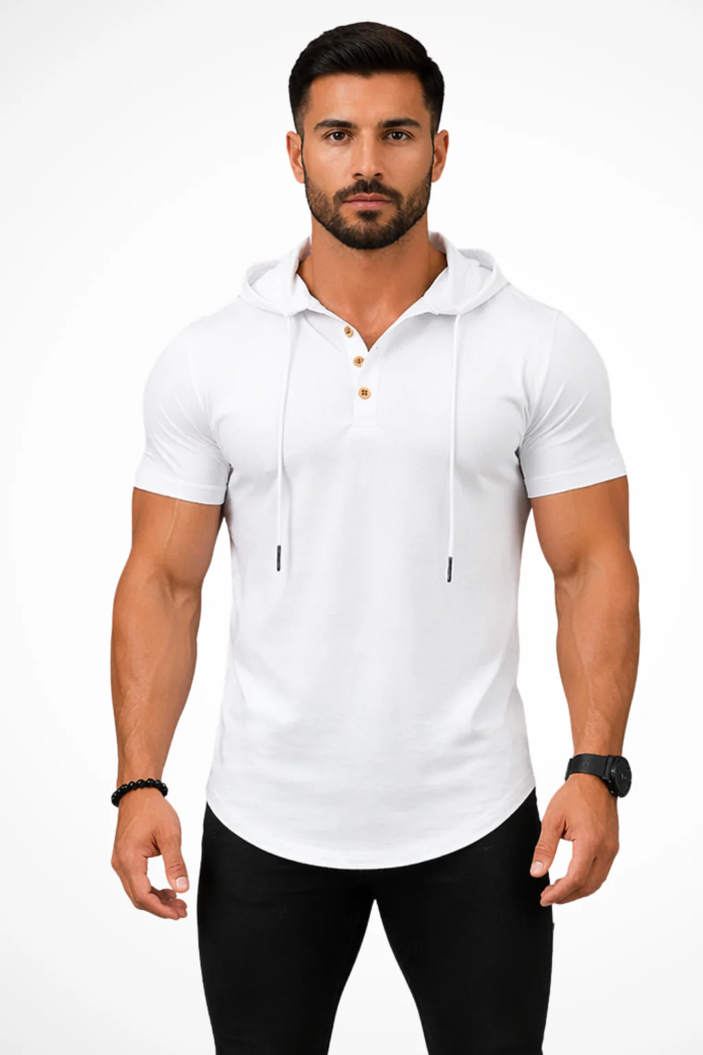 Beckett | Men Short Sleeve Button Neck Hooded Muscle Fit T Shirt - Image 6