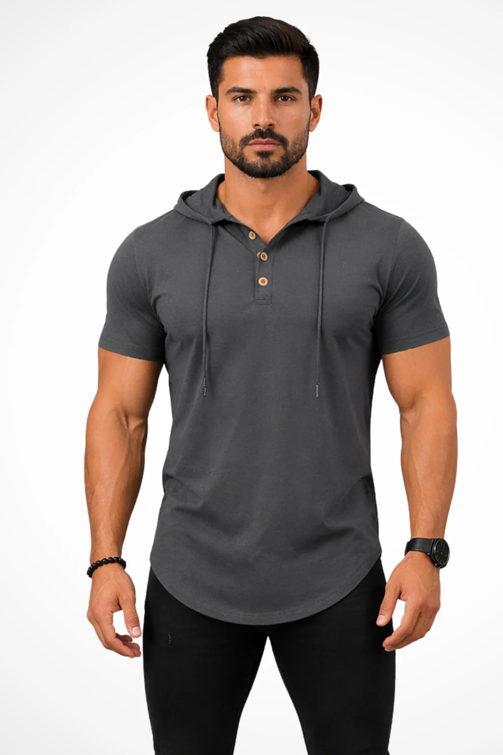 Beckett | Men Short Sleeve Button Neck Hooded Muscle Fit T Shirt - Image 8