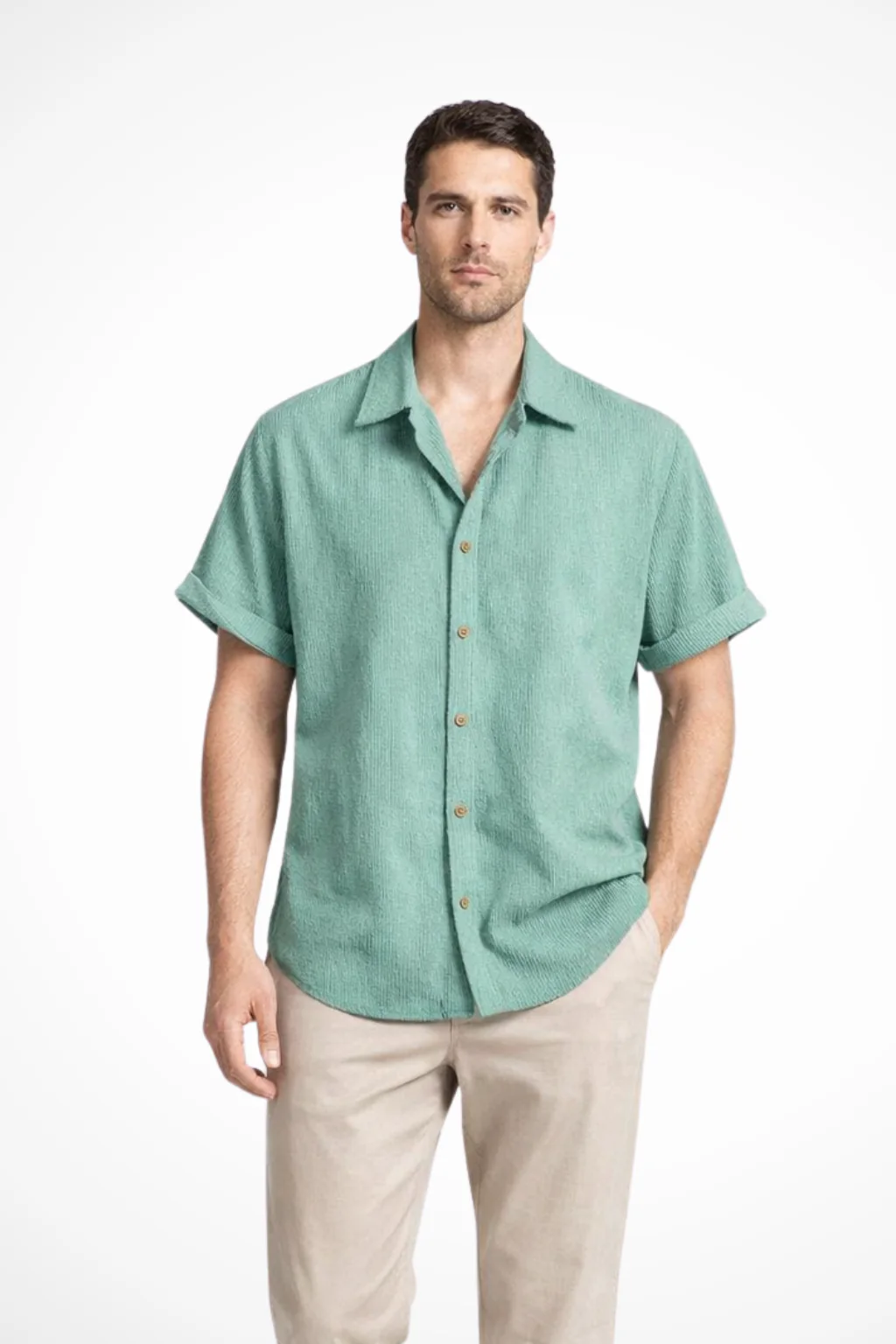 Bennett | Men Textured Short Sleeve Button Down Camp Collar Shirt - Image 3