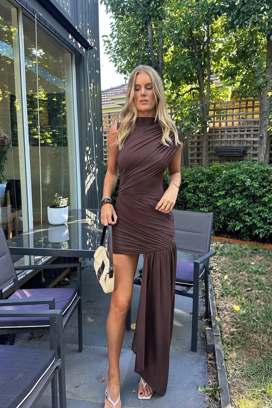 Brown High Neck Ruched Draped Mini Dress - Image 6