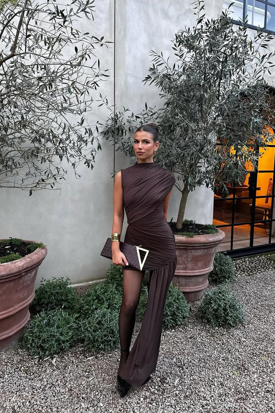Brown High Neck Ruched Draped Mini Dress - Image 7