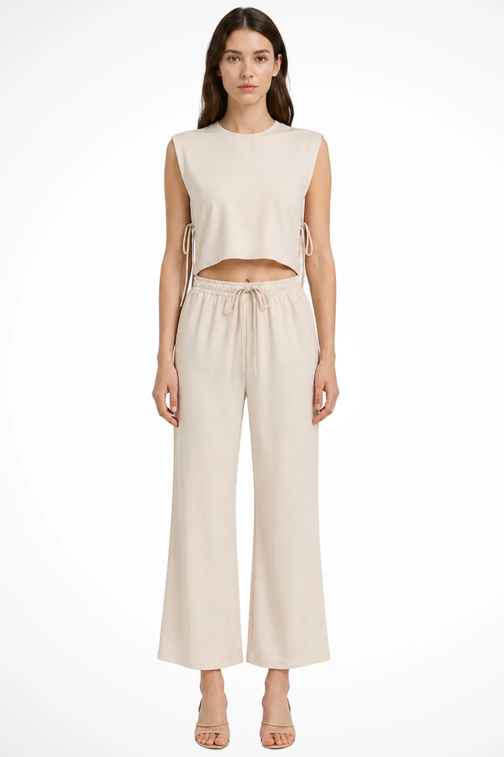Calista | Women Sleeveless Tie Side Crop Top and Wide Leg Trousers Linen Set