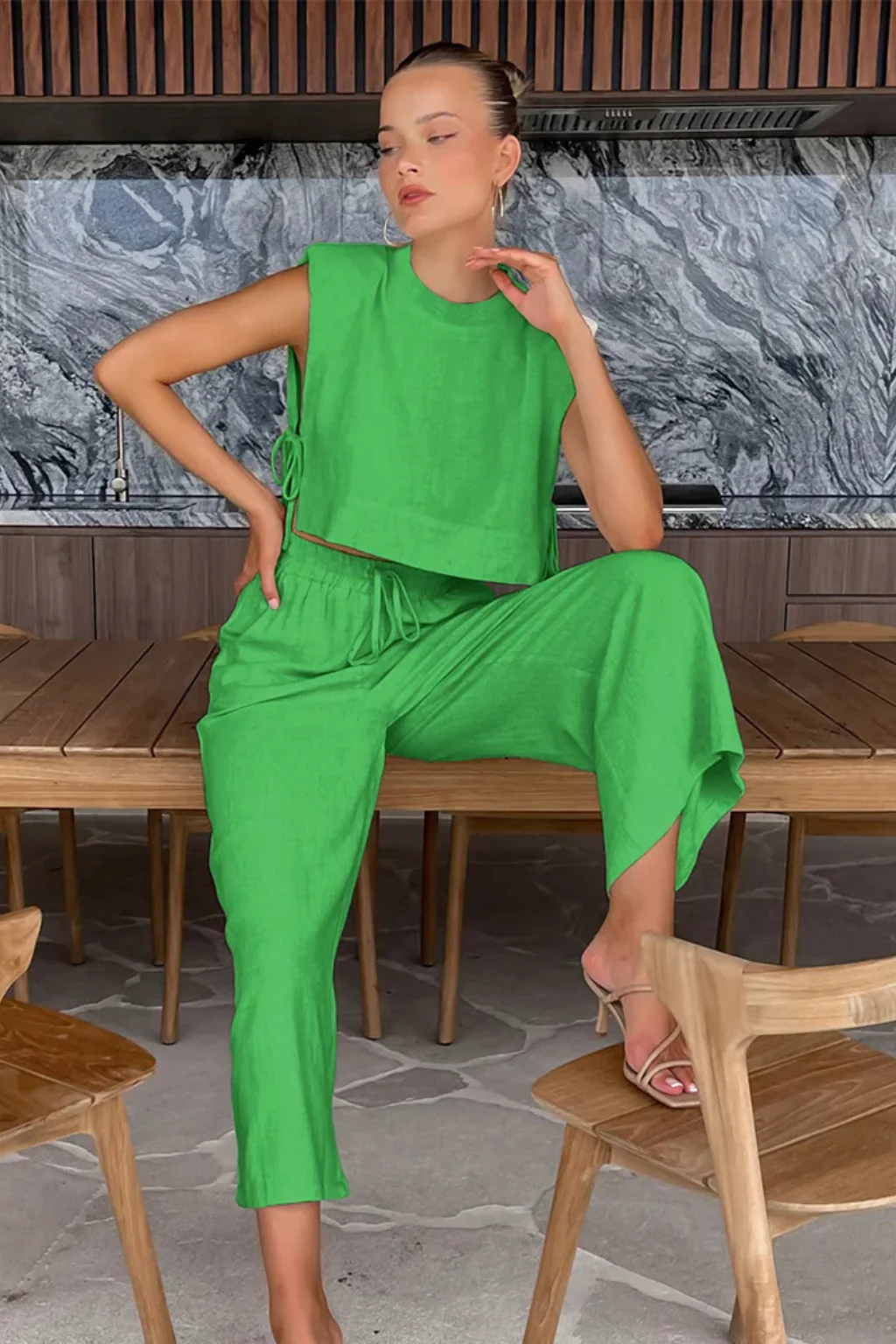 Calista | Women Sleeveless Tie Side Crop Top and Wide Leg Trousers Linen Set - Image 10