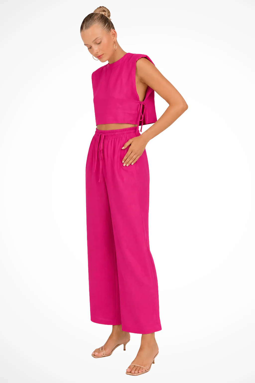 Calista | Women Sleeveless Tie Side Crop Top and Wide Leg Trousers Linen Set - Image 11