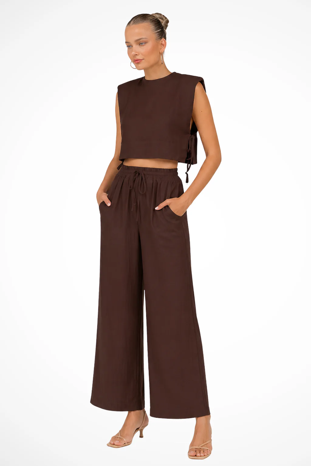 Calista | Women Sleeveless Tie Side Crop Top and Wide Leg Trousers Linen Set - Image 13