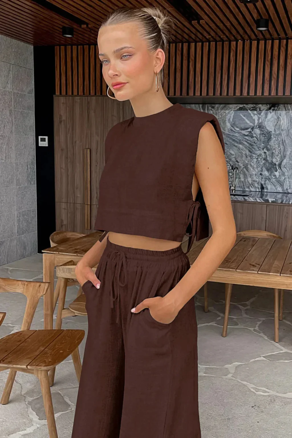 Calista | Women Sleeveless Tie Side Crop Top and Wide Leg Trousers Linen Set - Image 14