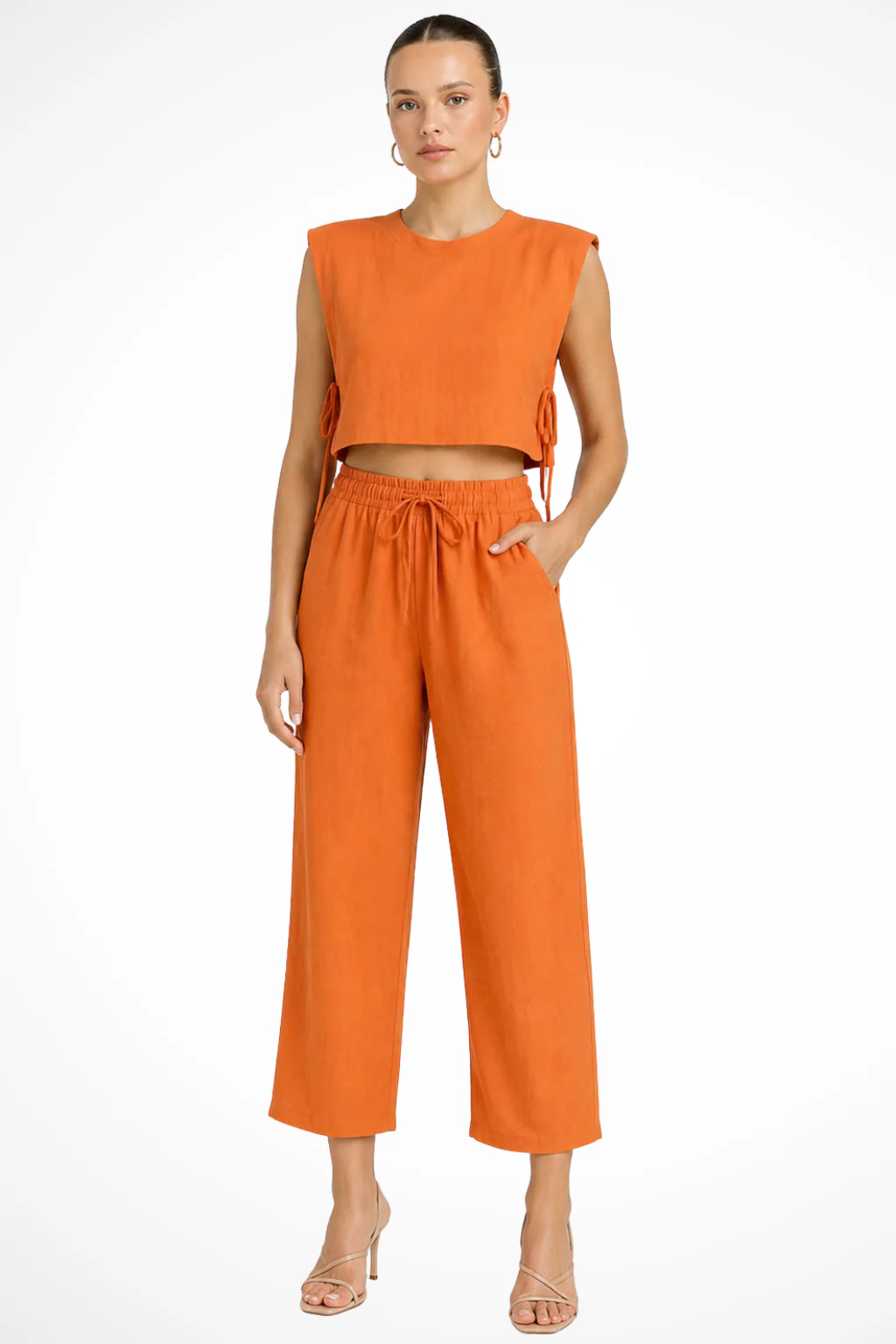 Calista | Women Sleeveless Tie Side Crop Top and Wide Leg Trousers Linen Set - Image 5