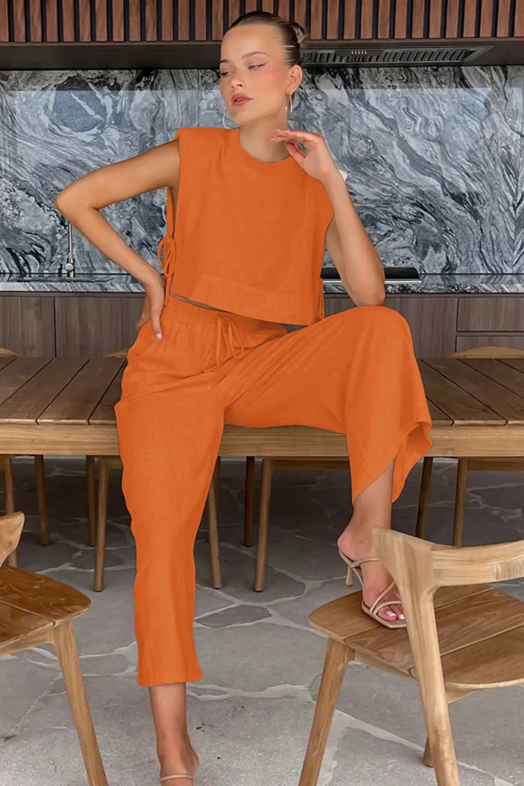 Calista | Women Sleeveless Tie Side Crop Top and Wide Leg Trousers Linen Set - Image 6