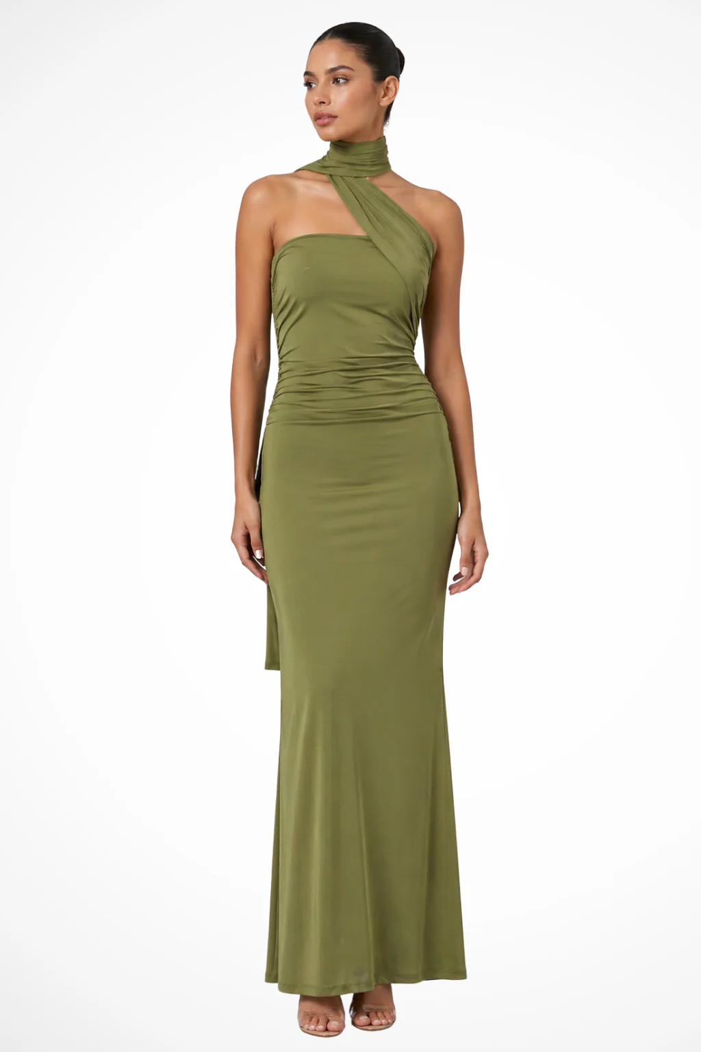 Calliope | Women High Neck Cross Front Cut Out Ruched Green Wedding Guest Maxi Dress