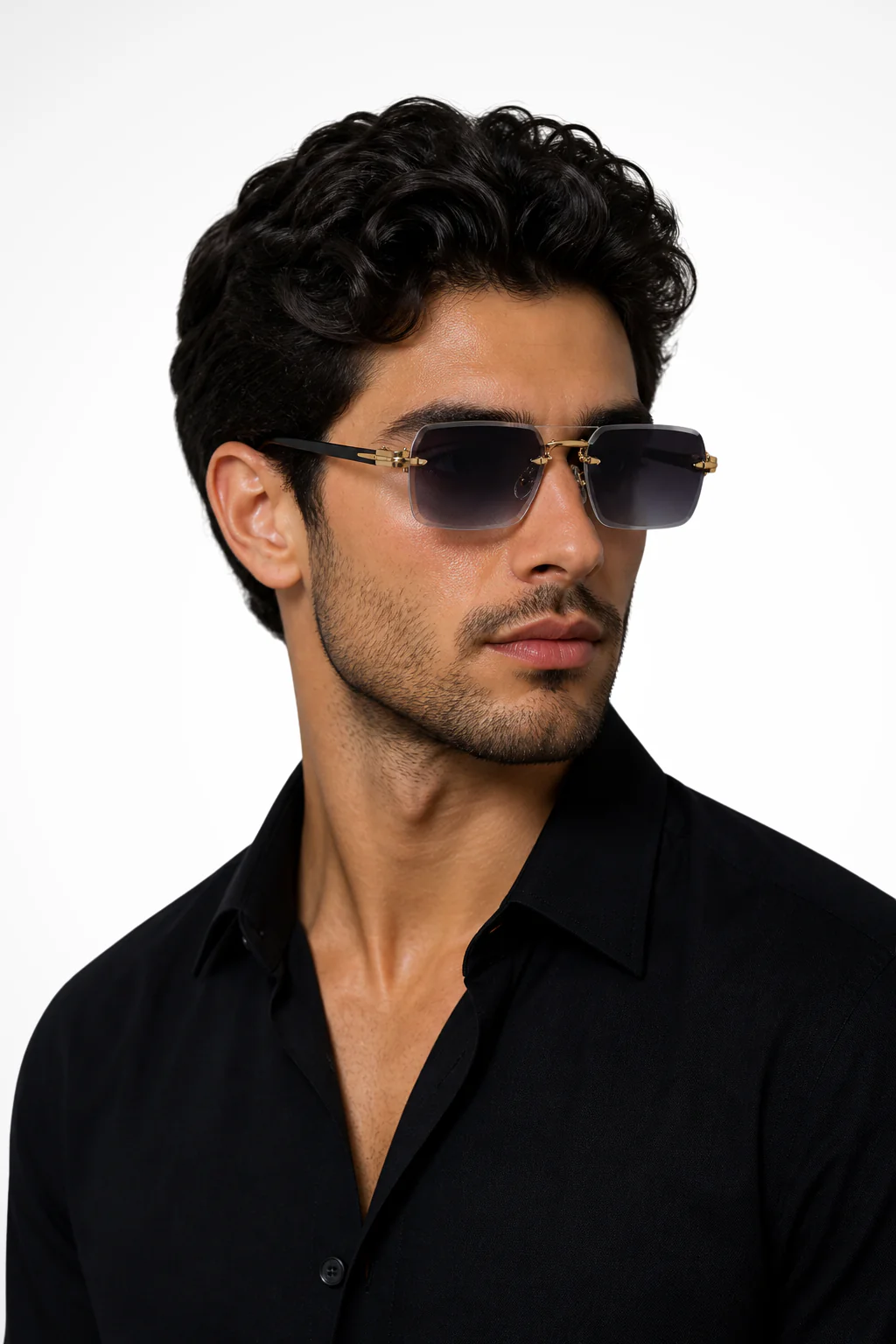Calvin | Men Rimless Sunglasses with Gold Bridge and Gradient Tinted Lens - Image 3