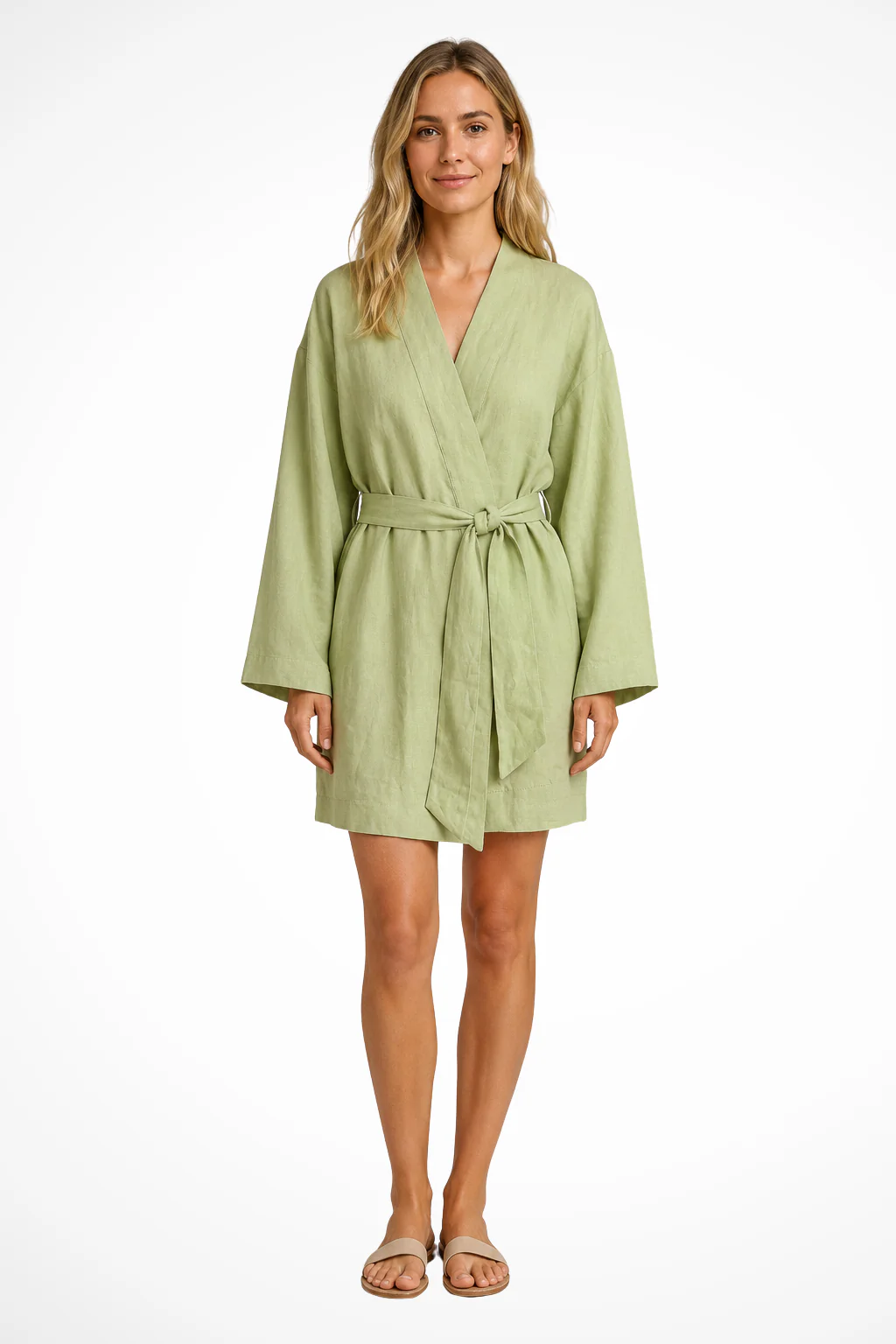 Cassia | Women Tie Waist Linen Kimono Wrap Midi Dress