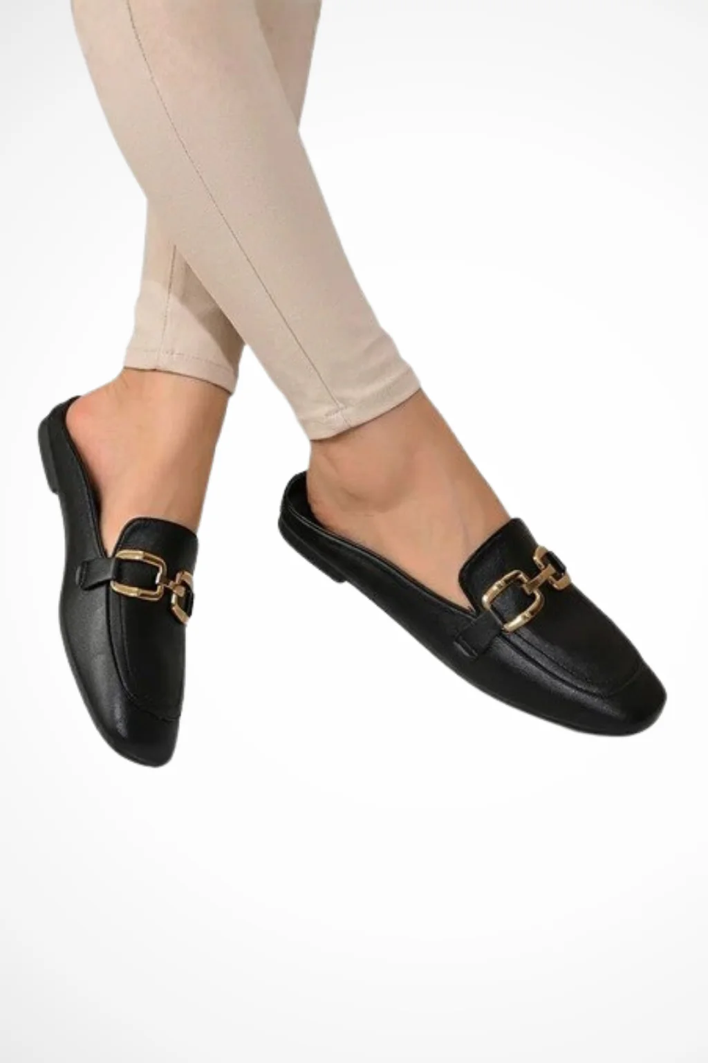Cecily | Women Flat Mules Slides with Gold Buckle Detail - Image 3