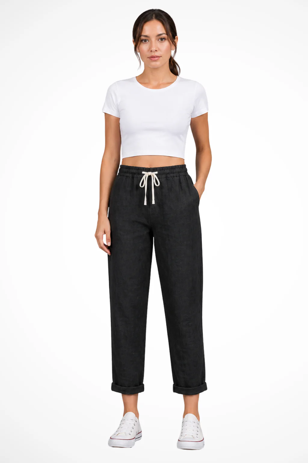 Cecily | Women Linen Cropped Trousers with Drawstring Waist - Image 11