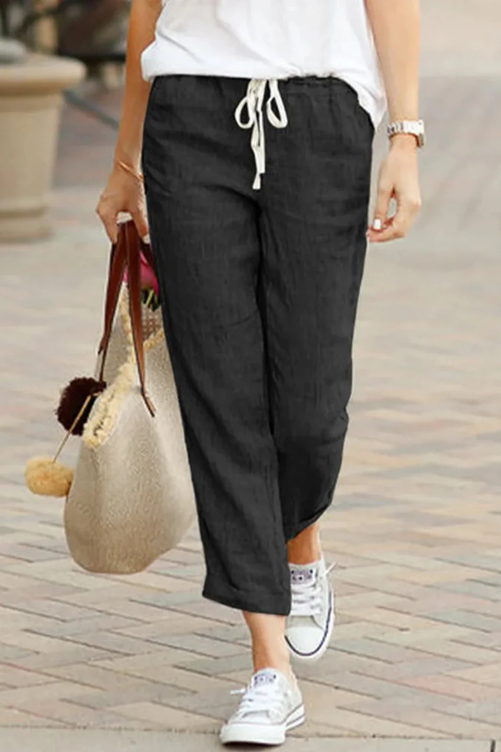 Cecily | Women Linen Cropped Trousers with Drawstring Waist - Image 12