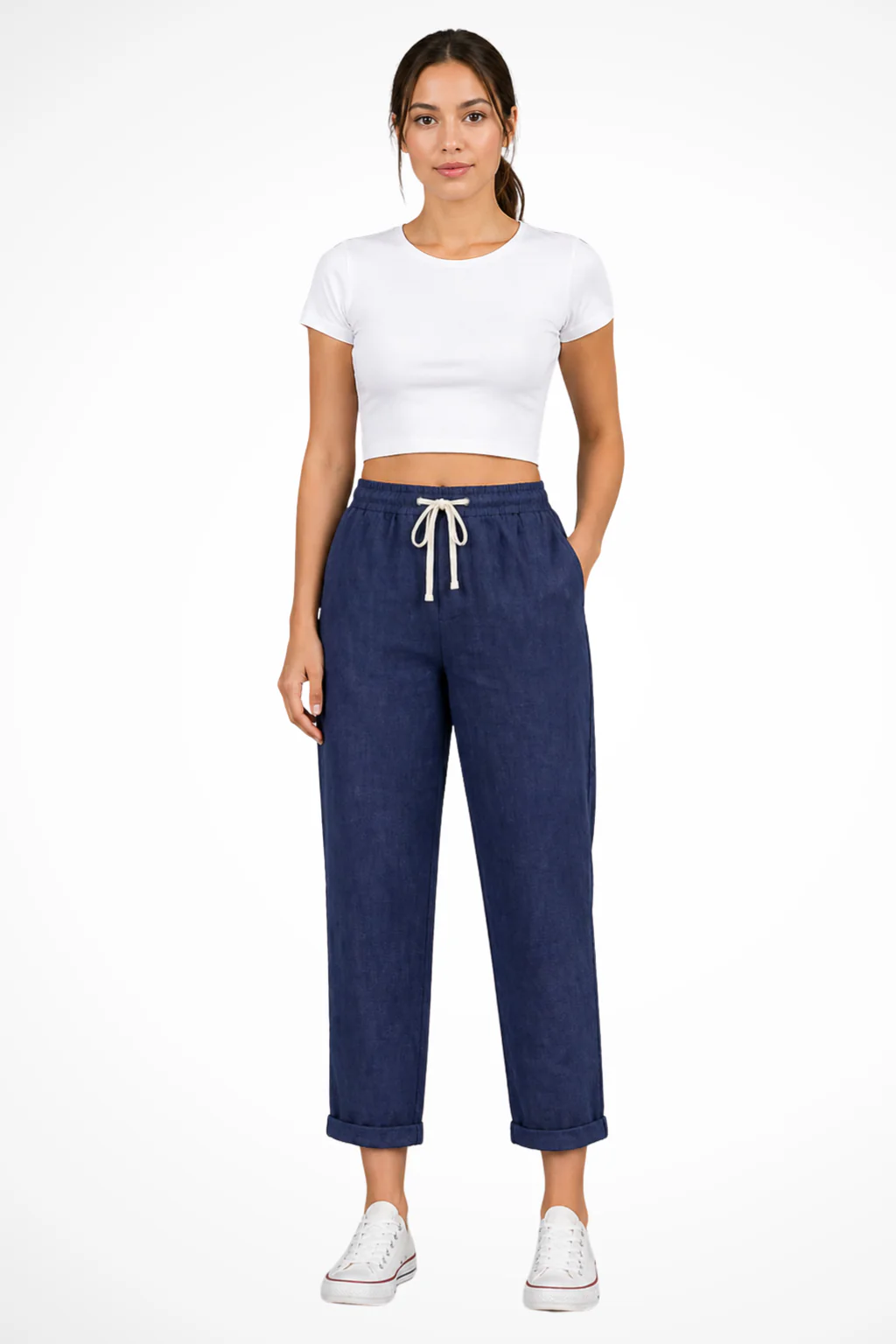Cecily | Women Linen Cropped Trousers with Drawstring Waist - Image 3