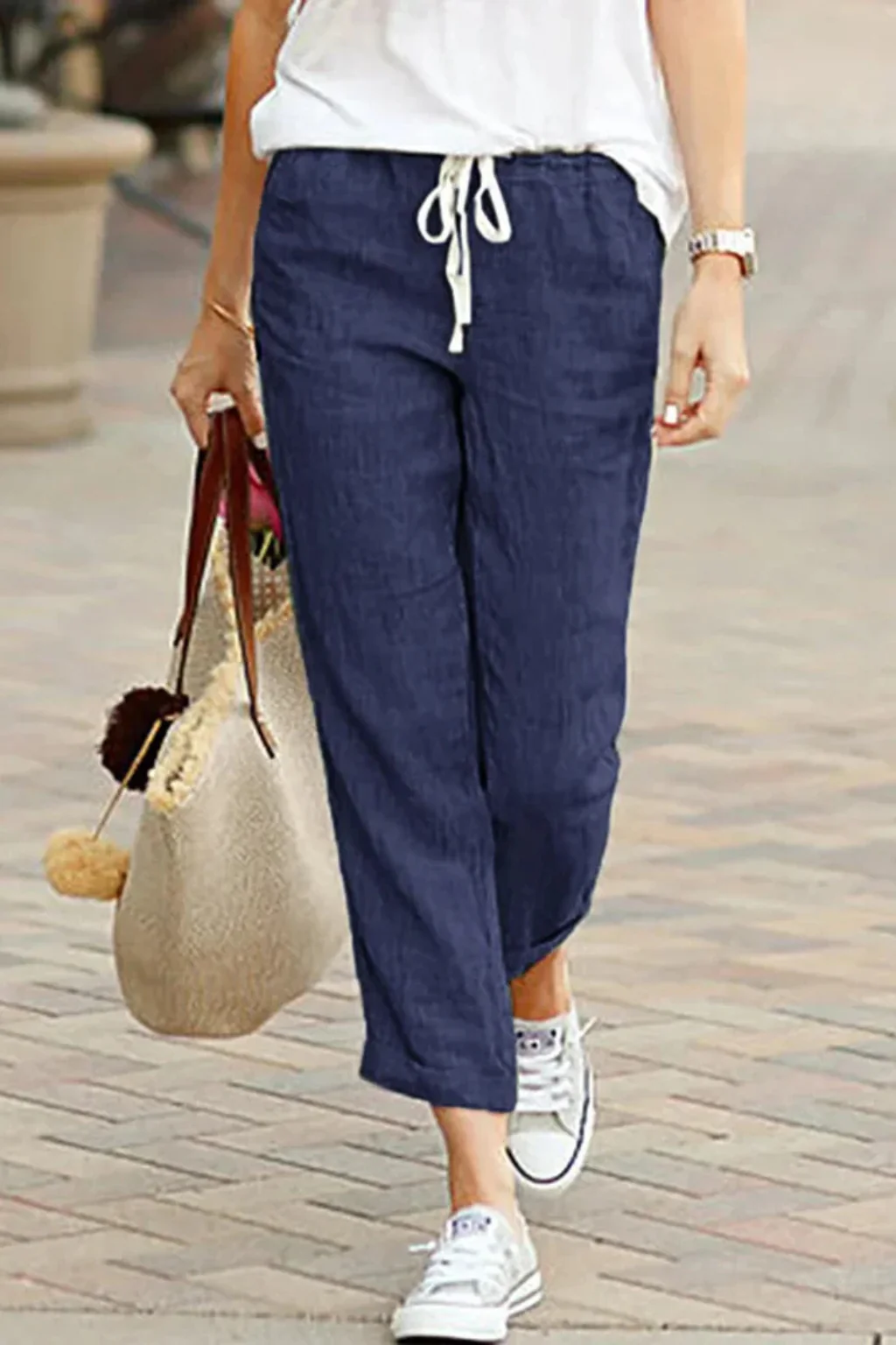 Cecily | Women Linen Cropped Trousers with Drawstring Waist - Image 4