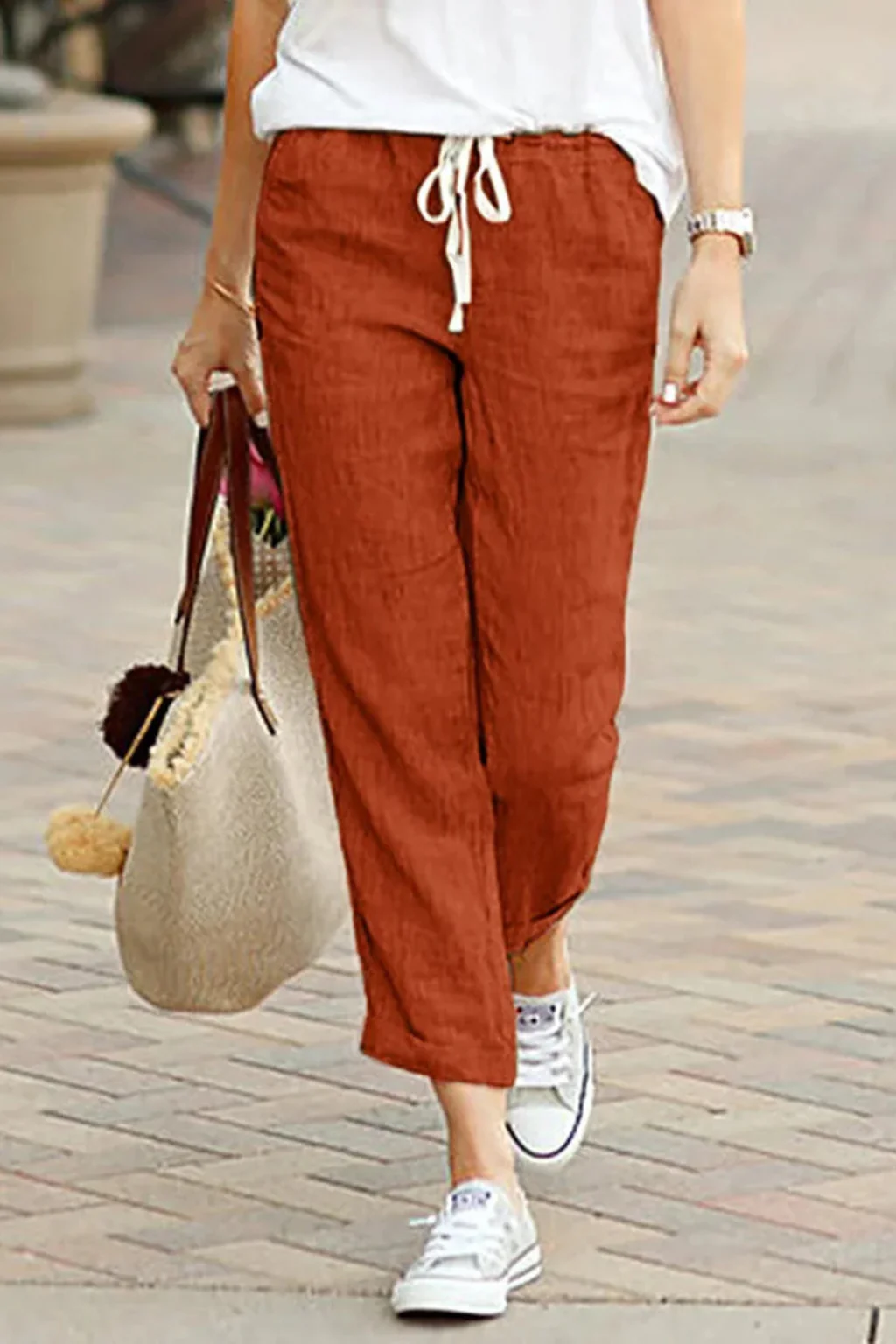 Cecily | Women Linen Cropped Trousers with Drawstring Waist - Image 6
