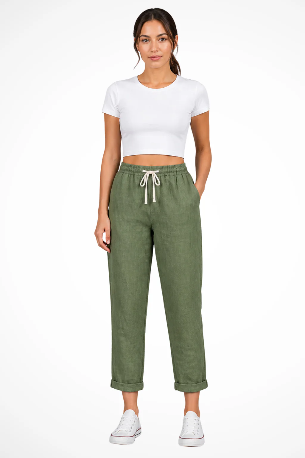 Cecily | Women Linen Cropped Trousers with Drawstring Waist - Image 7