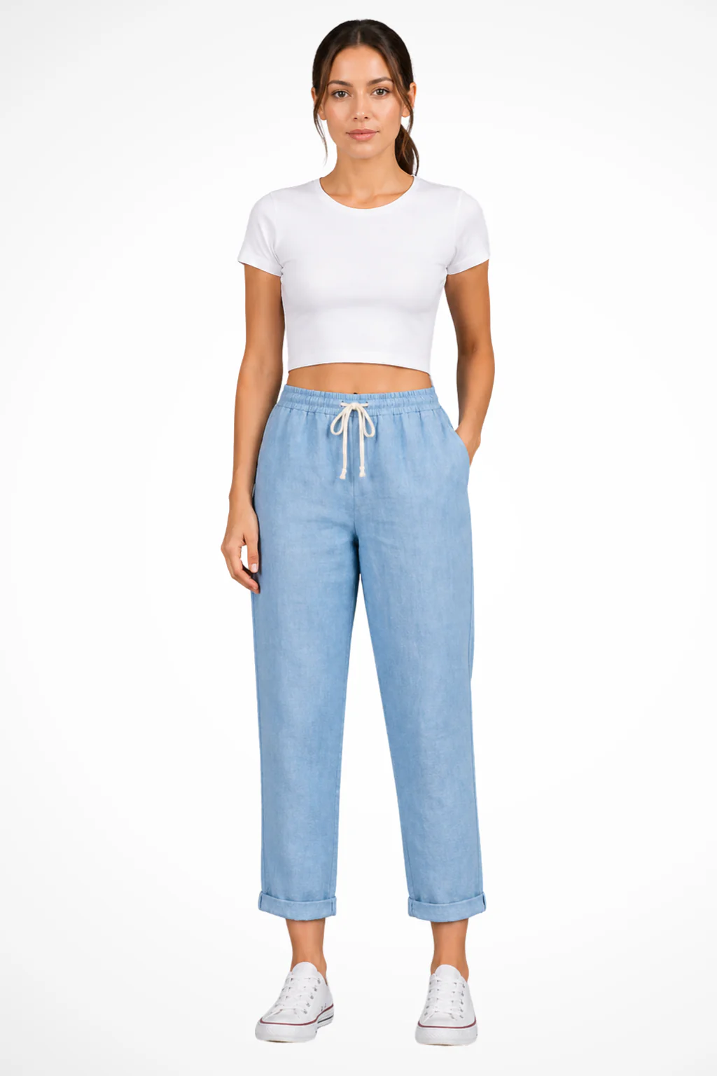 Cecily | Women Linen Cropped Trousers with Drawstring Waist - Image 9