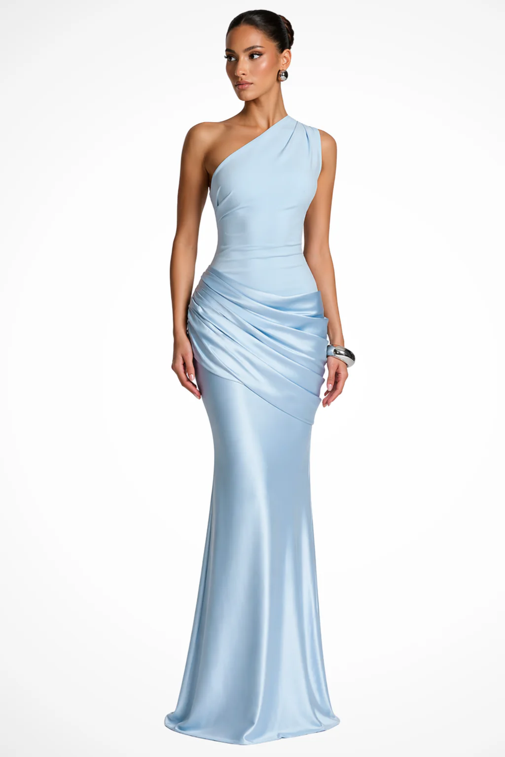 Cecily | Women One Shoulder Ruched Wedding Guest Satin Maxi Dress