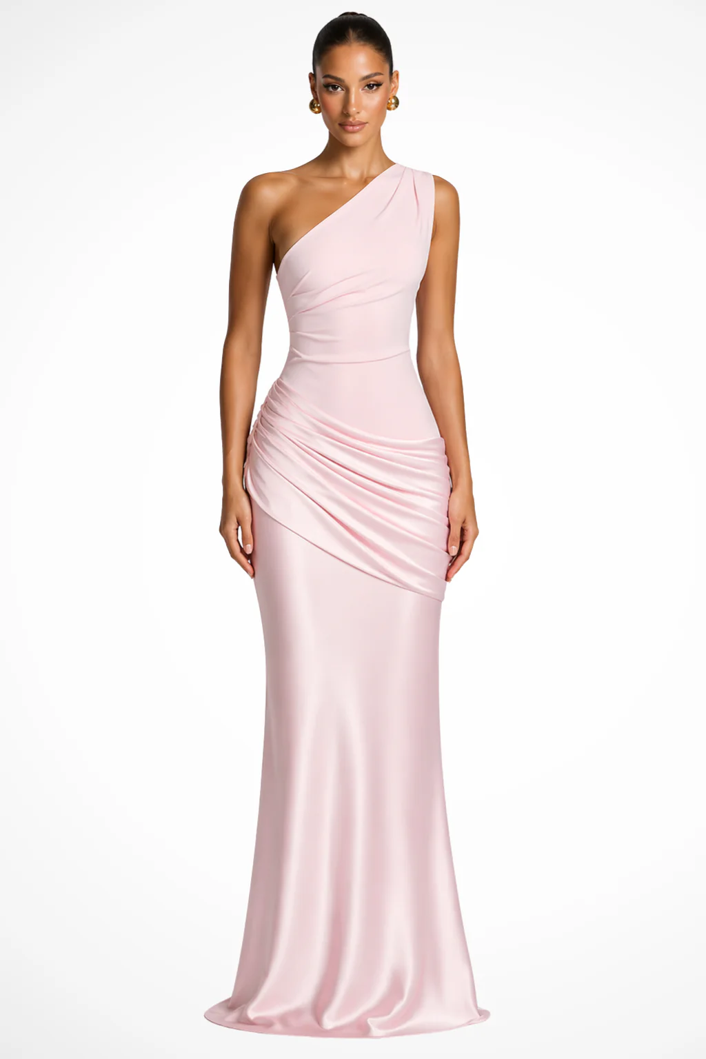 Cecily | Women One Shoulder Ruched Wedding Guest Satin Maxi Dress - Image 4