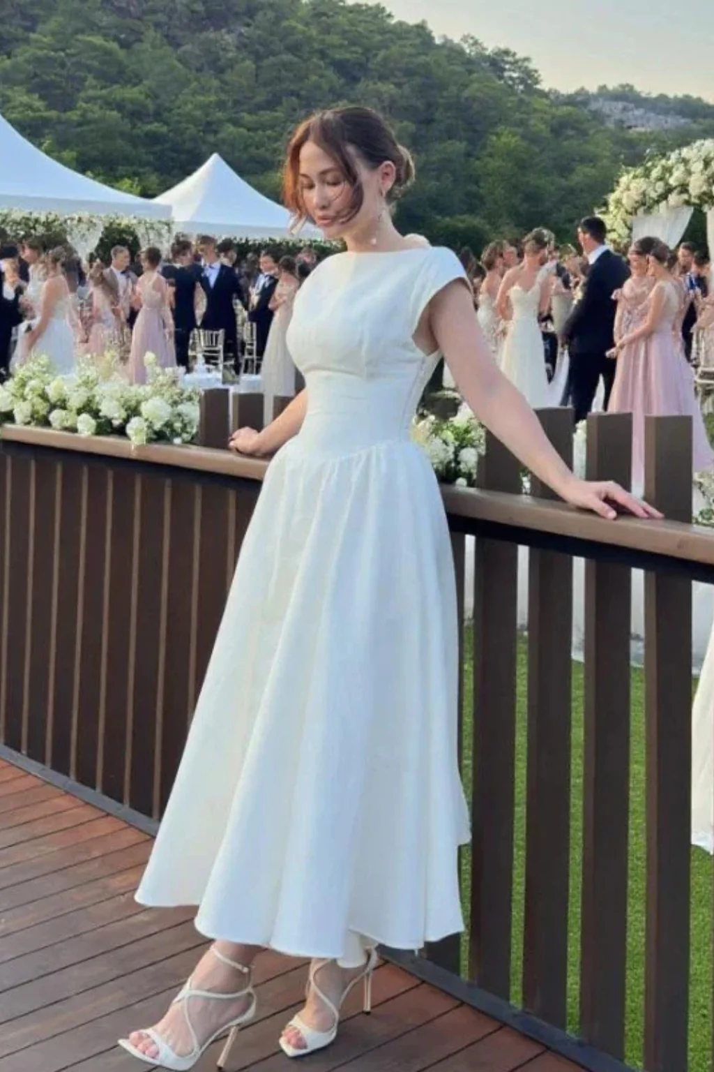 Celeste | Women Cap Sleeve Structured A Line Wedding Guest Midi Dress - Image 3