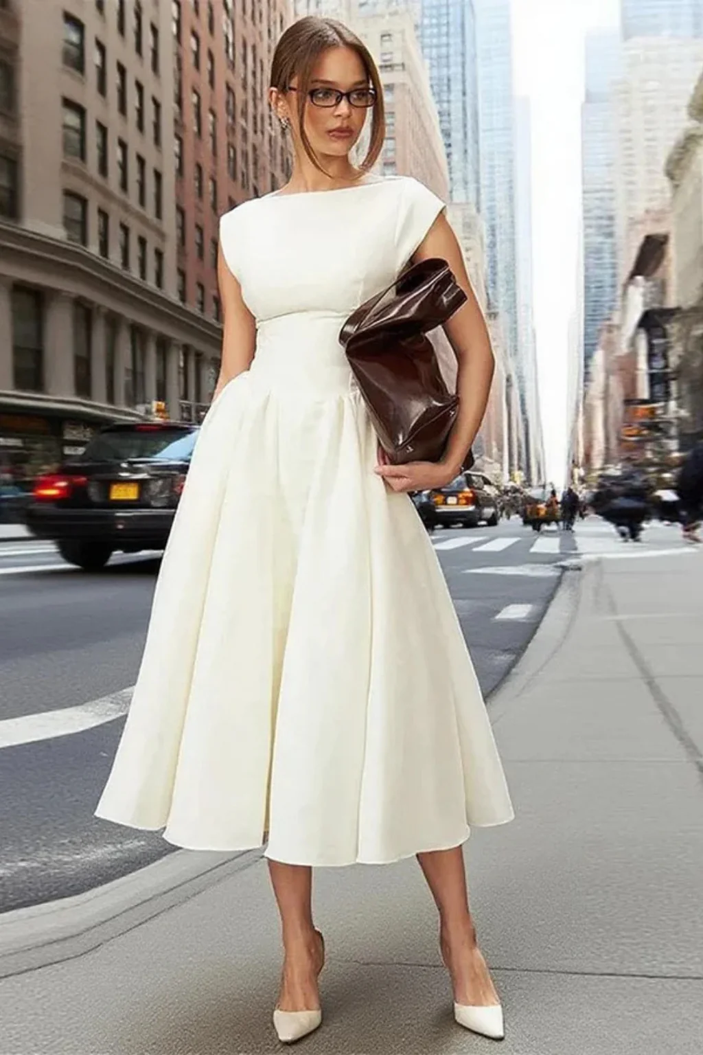 Celeste | Women Cap Sleeve Structured A Line Wedding Guest Midi Dress - Image 4