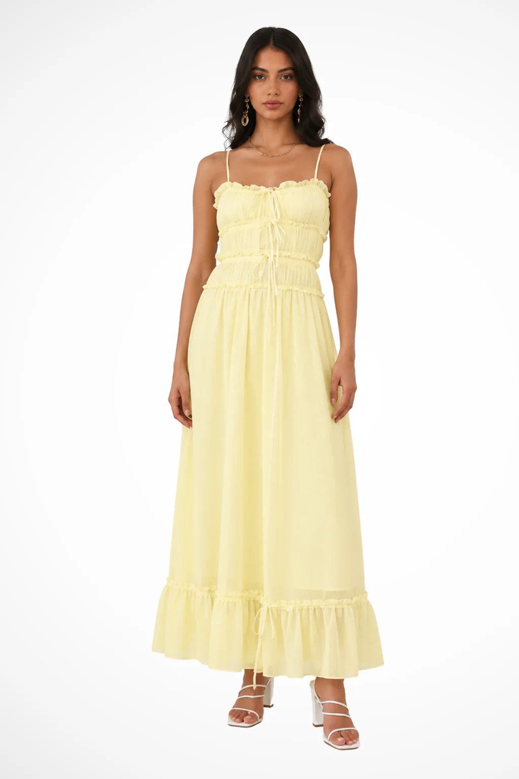 Celestine | Women Strappy Ruffle Tie Front Tiered Wedding Guest Maxi Dress